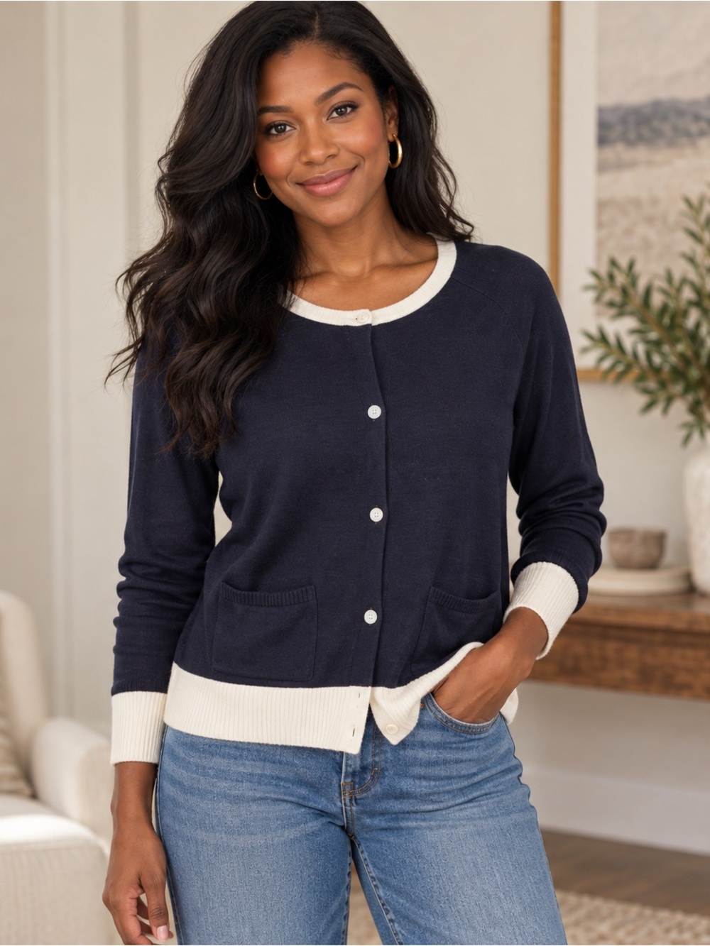 Pendleton Navy Ivory Contrast Trim Button Cardigan Sweater Size M
